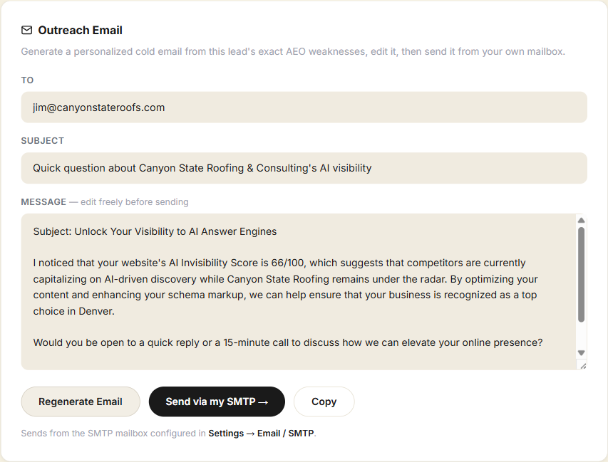 One-click AI outreach generator — personalized email, editable, sent via your own SMTP