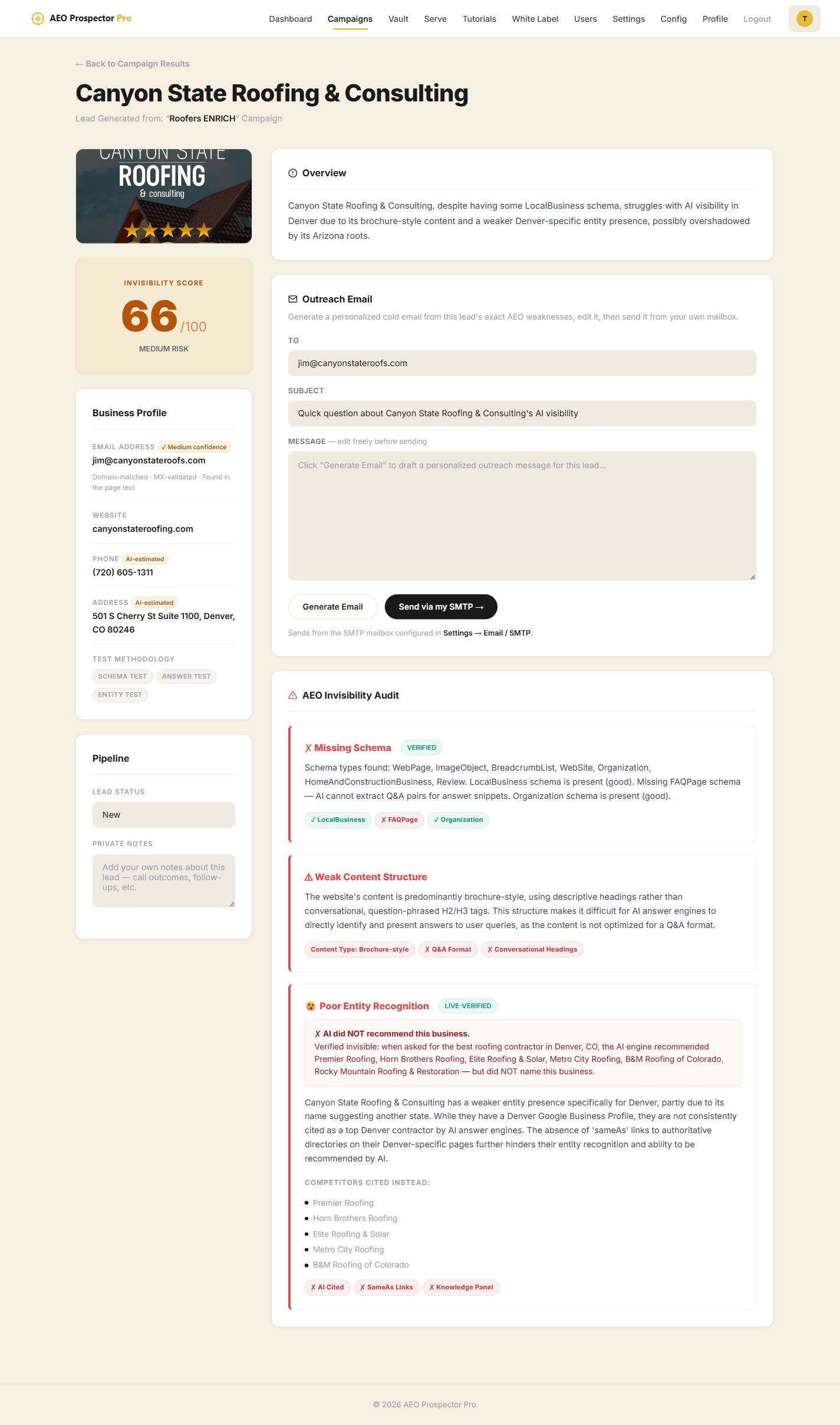 Live AI-visibility report a prospect opens — invisibility score, profile, audit and competitors
